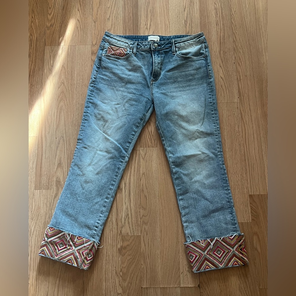 Driftwood Colette Cropped Jeans with Embroidered Cuff and Pocket Size 31